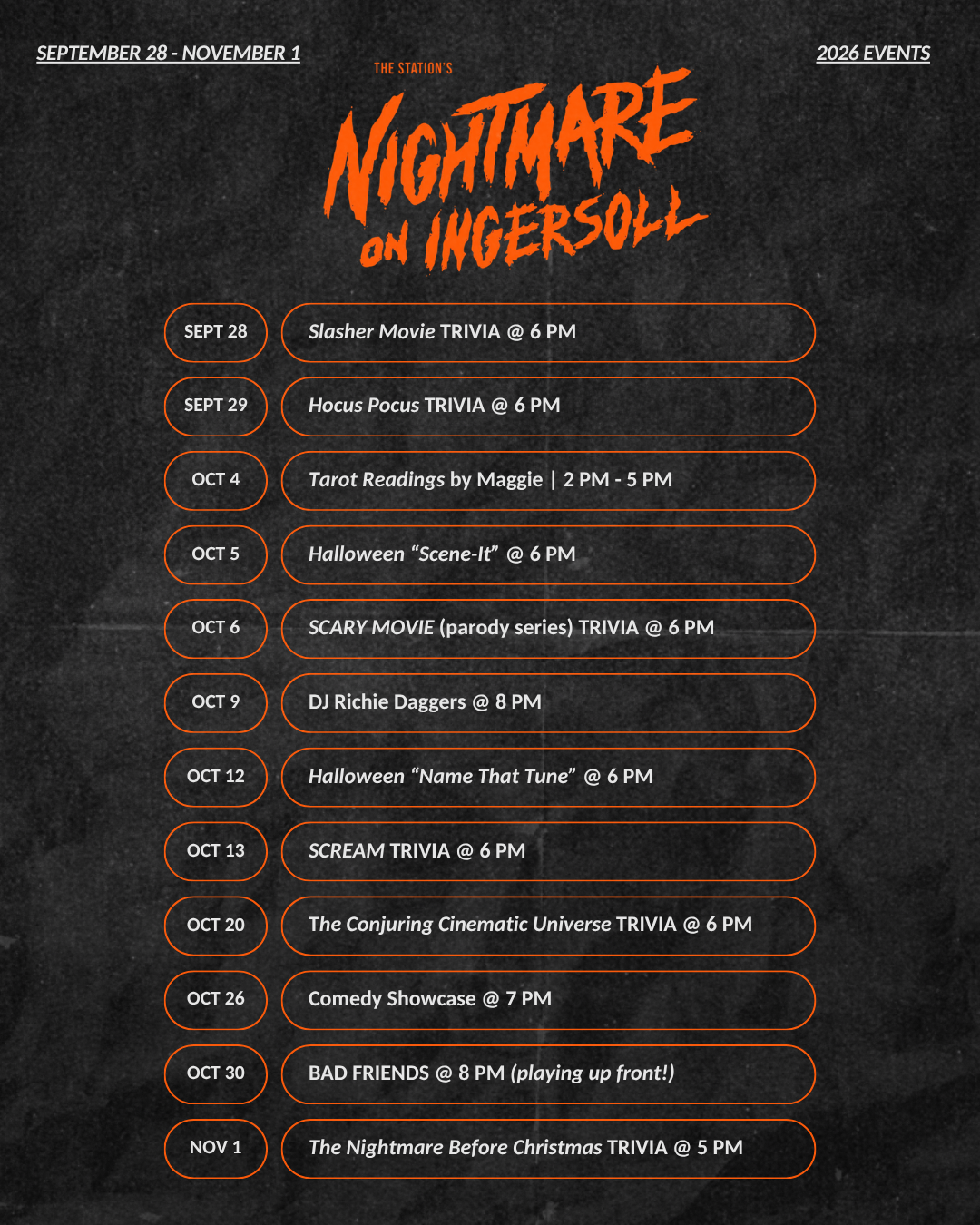Event schedule for 'Nightmare on Ingersoll' running from September 28 to November 1, 2026, including trivia nights, Halloween events, movies, and a comedy showcase, with dates and times listed.