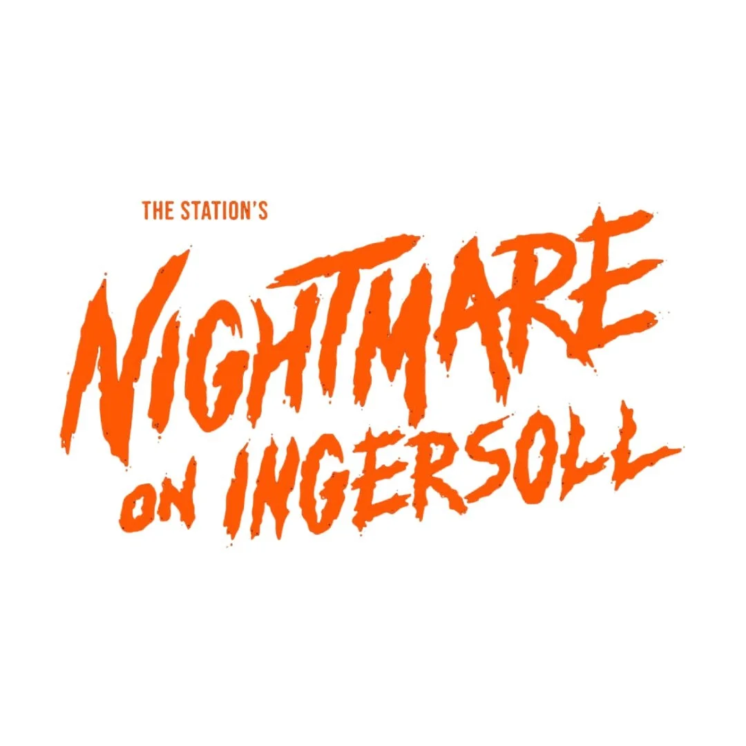 Logo for the station's Nightmare on Ingersoll with jagged orange text on white background