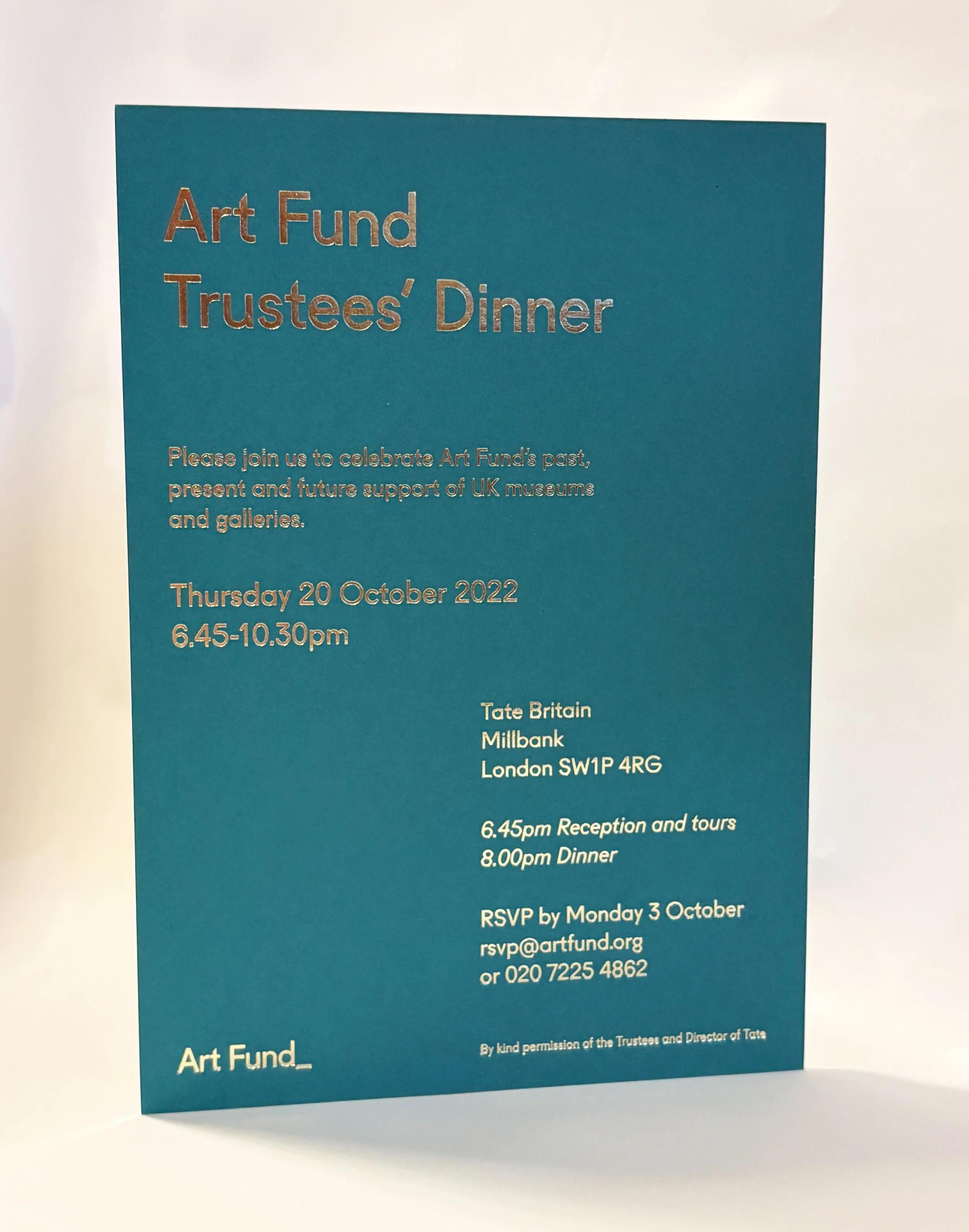 Blue art fund trustee's dinner invitation with event details and RSVP contact information.