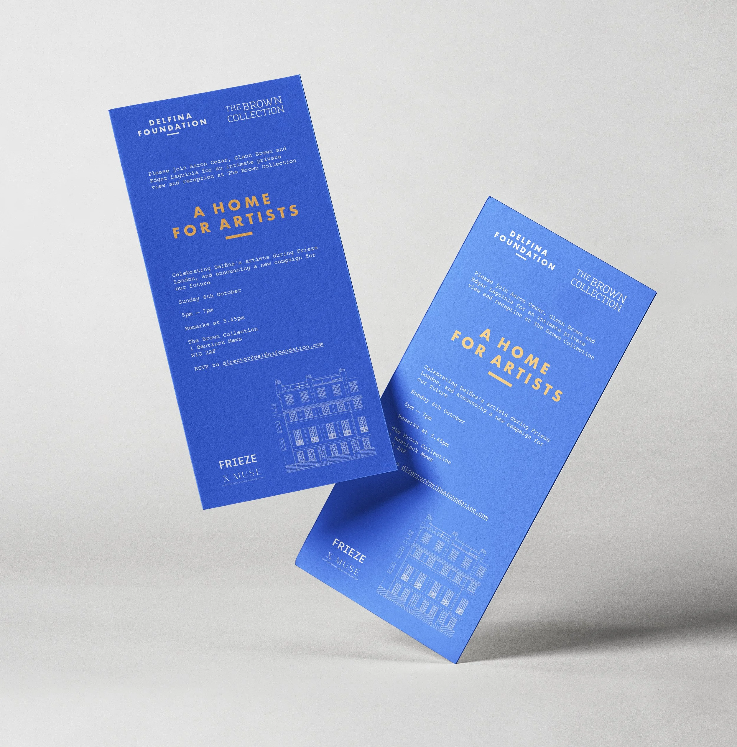 Blue event flyers for the Delfina Foundation's The Brown Collection featuring text about an art-related event and architectural sketches.