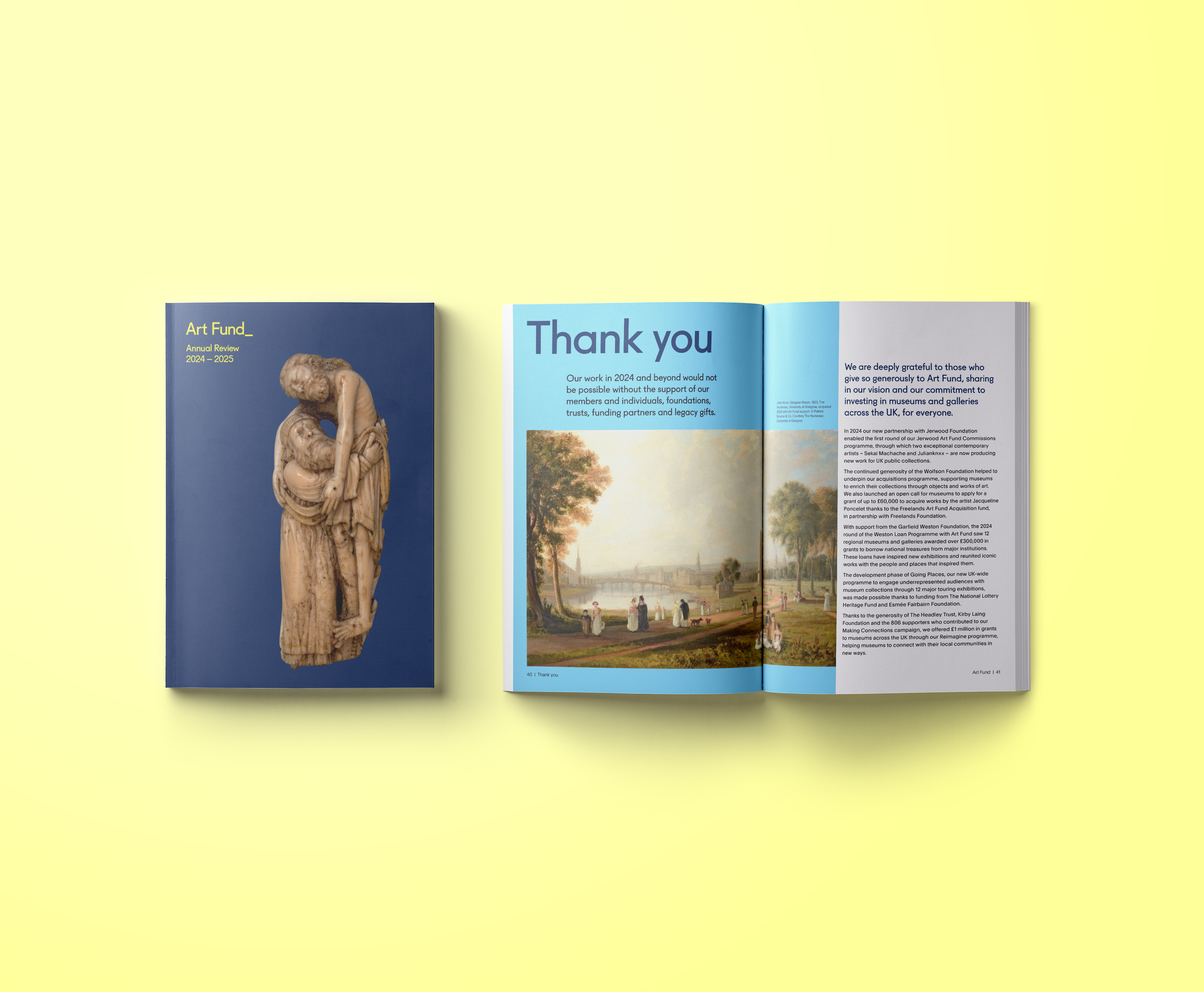 Open magazine featuring a thank you message and an art fund brochure on a yellow background.