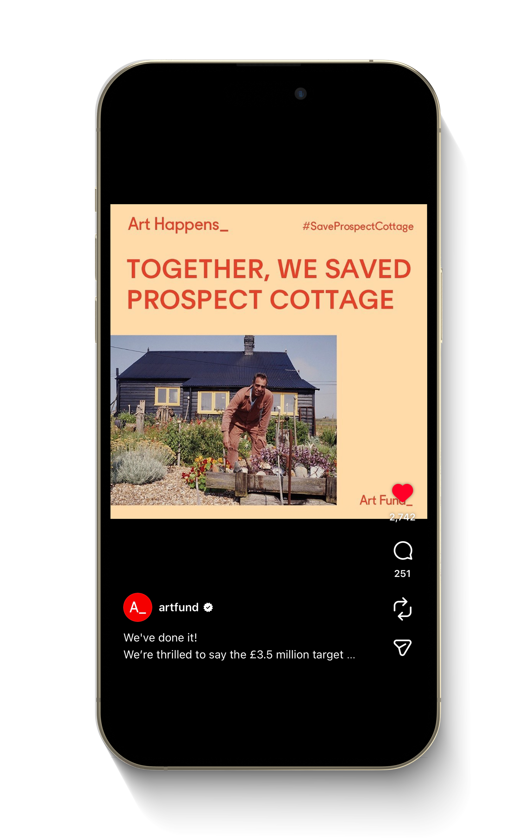 A smartphone screen displays a social media post with a beige background and red text that says "Together, we saved Prospect Cottage." The post features a photo of a man gardening in front of a cottage with yellow window frames, surrounded by a garde