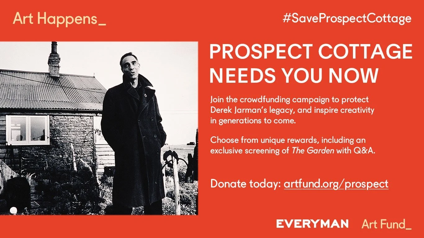 A black and white photograph of a man standing in front of a cottage with a garden, with red and white text on the right side promoting a crowdfunding campaign for Prospect Cottage, encouraging donations and highlighting rewards like screenings of 'T