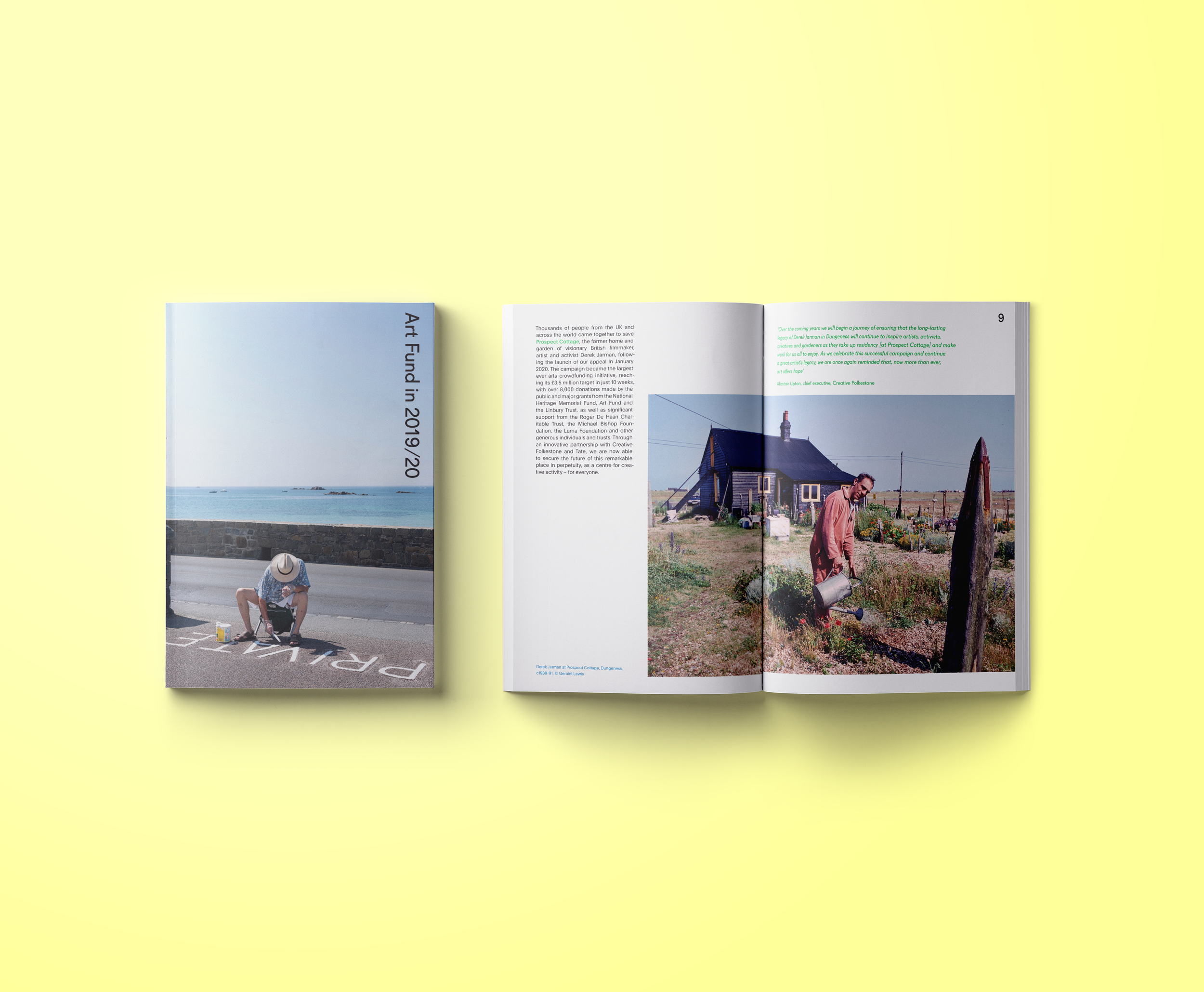 Open magazine displaying two pages. The left page features a coastal scene with a person in a sunhat, standing near the seaside. The right page shows a man watering a garden in front of a small house, with text and an image of the house at the top.