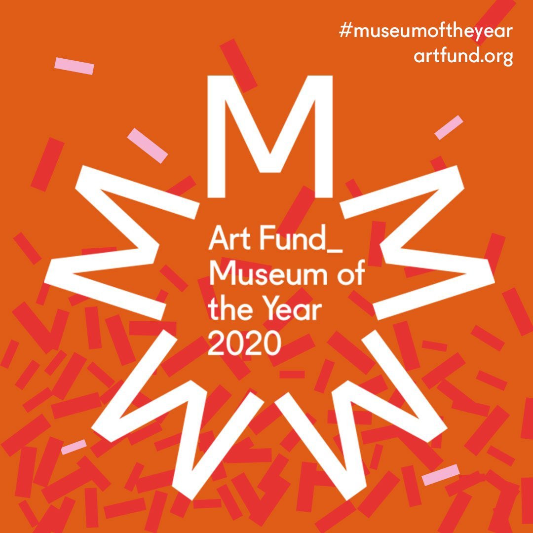 Design celebrating the Museum of the Year 2020, featuring a large star shape with the text 'Art Fund Museum of the Year 2020' inside and surrounded by confetti, on an orange background, with hashtags and website in the top right corner.