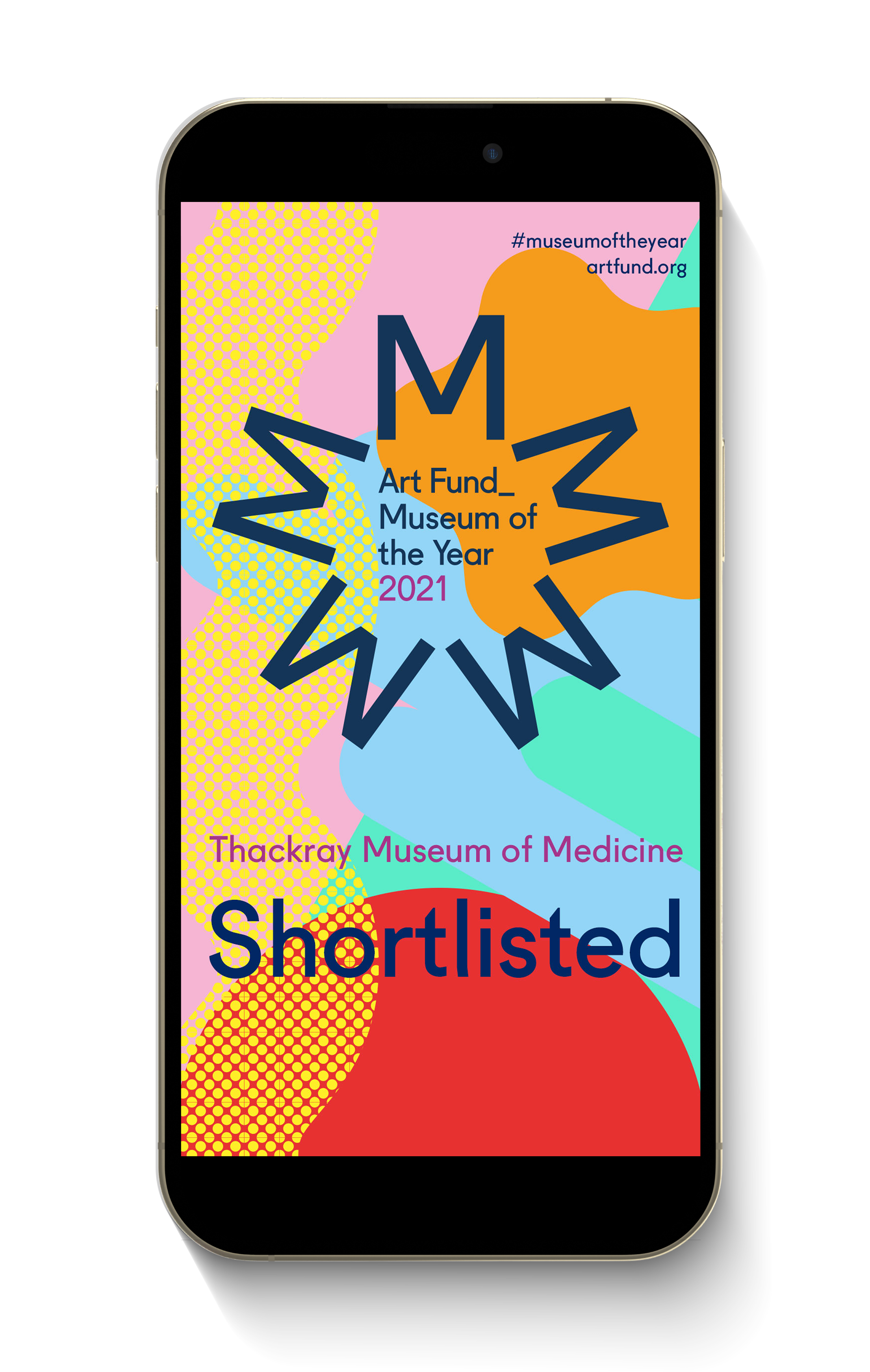 Colorful graphic design on a phone screen with text announcing the 'Museum of the Year 2021' award, with hashtags and a mention of Thackray Museum of Medicine, featuring vibrant abstract shapes and patterns.