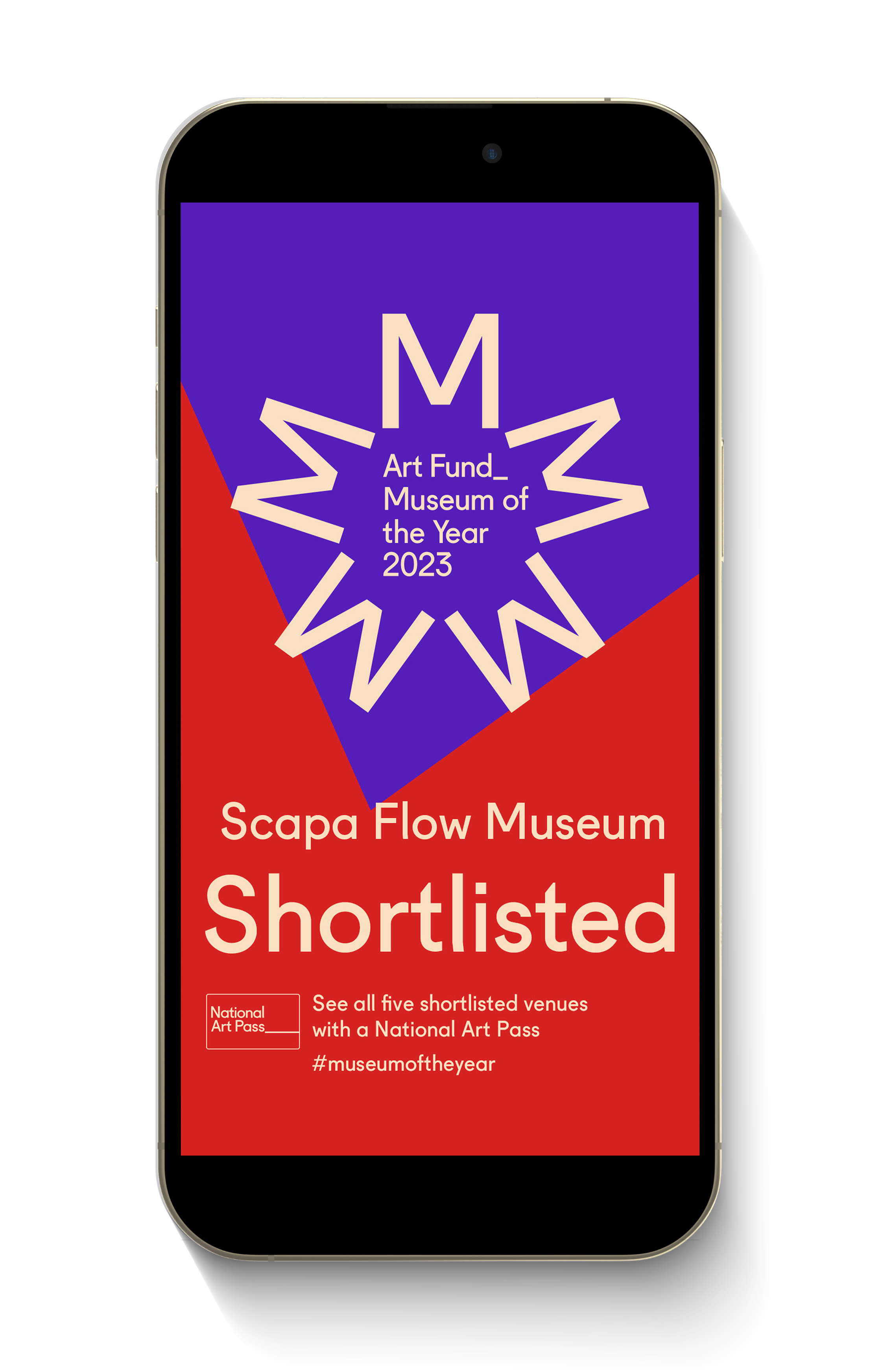 Smartphone screen displaying a purple and red graphic for the Art Fund Museum of the Year 2023 shortlist, highlighting five shortlisted venues with a National Art Pass and hashtags for social media.