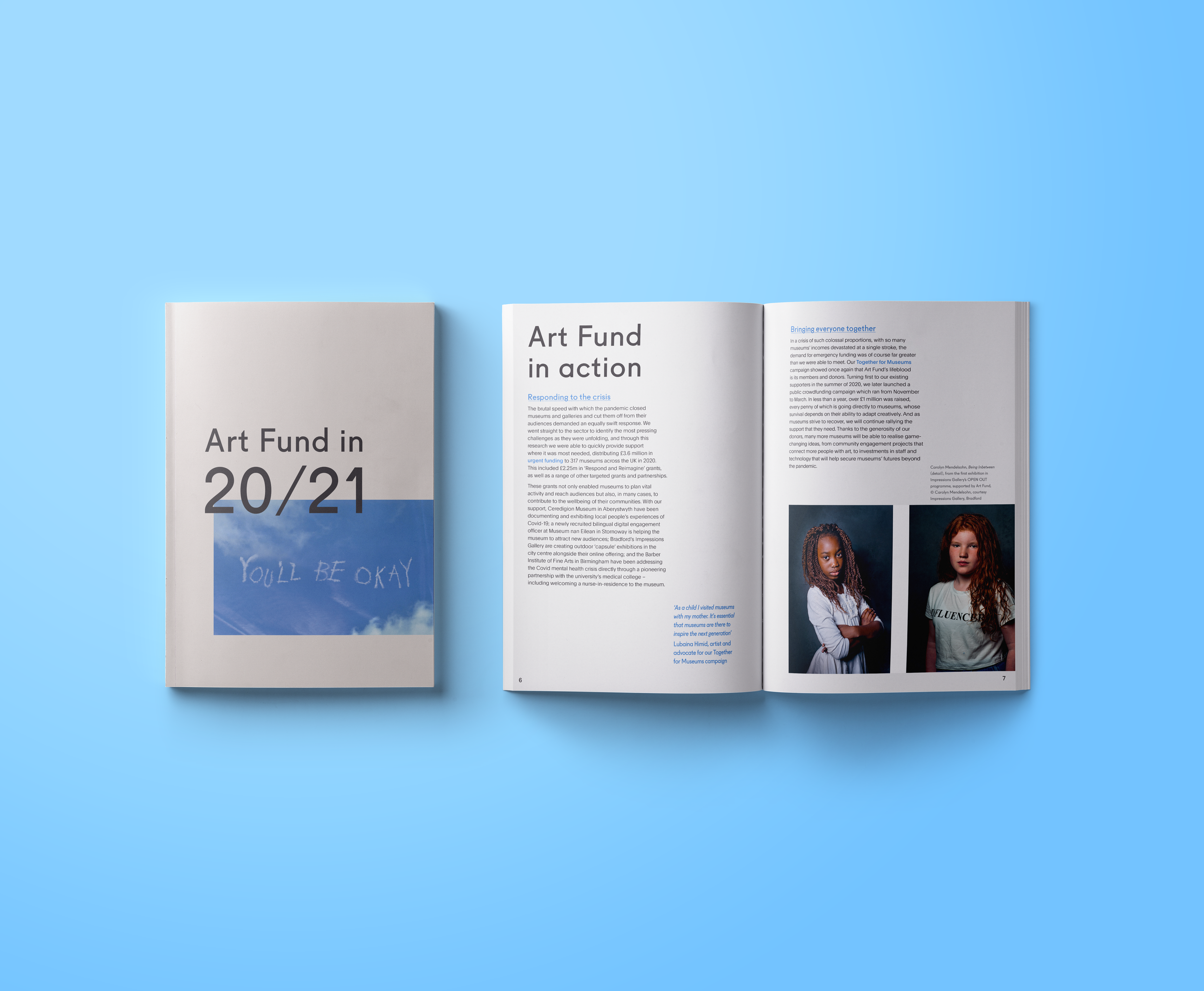 Open magazine with articles about an art fund and images of two young women on a bright blue background.