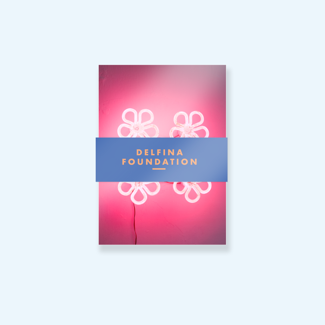 collection of postcards for Delfina Foundation, the top postcard has a pink background and neon flower shapes, and a blue band across the middle has the text 'Delfina Foundation' in orange.
