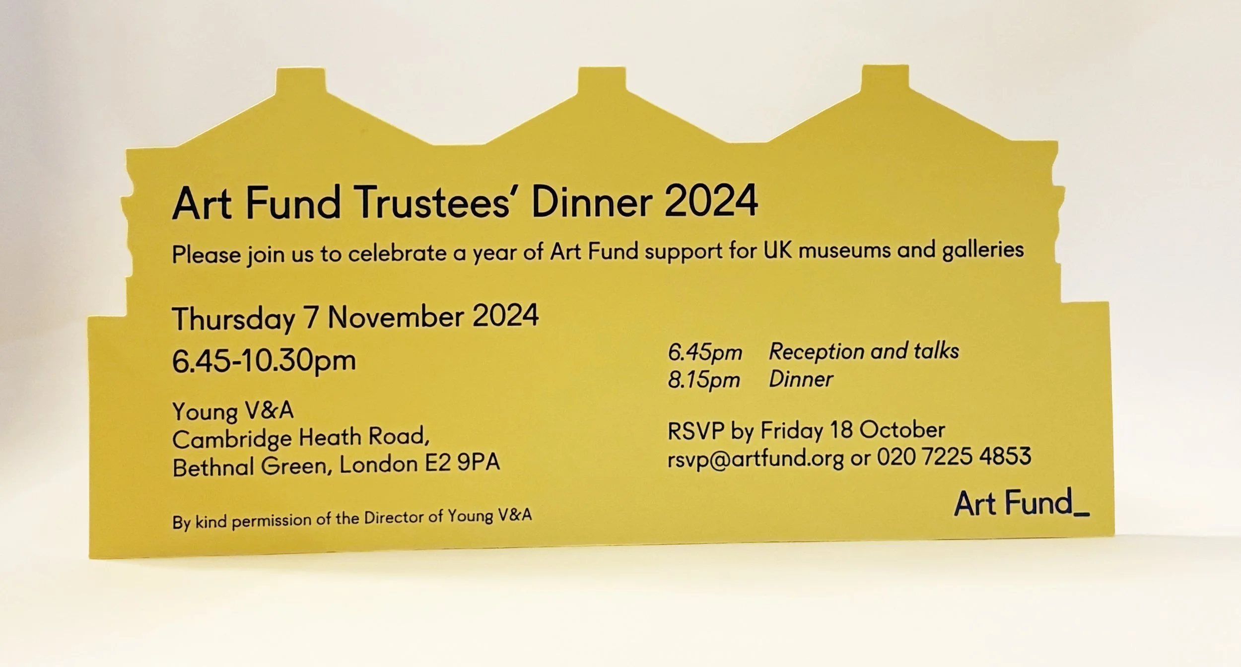 Event invitation flyer for Art Fund Trustees' Dinner 2024, featuring a yellow background with black text and a stylized top border resembling a building or architectural element. The flyer includes event details such as date, time, location, and RSVP