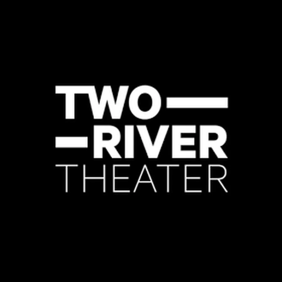 Logo for Two River Theater with black background, white text, and stylized horizontal lines.