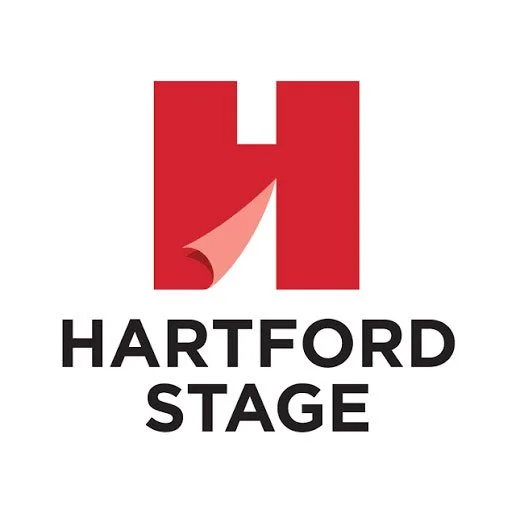 Logo of Hartford Stage featuring a red 'H' with a pink curtain element on the left side.