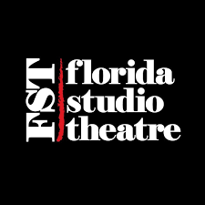 Logo for Florida Studio Theatre with black background, white and red text.