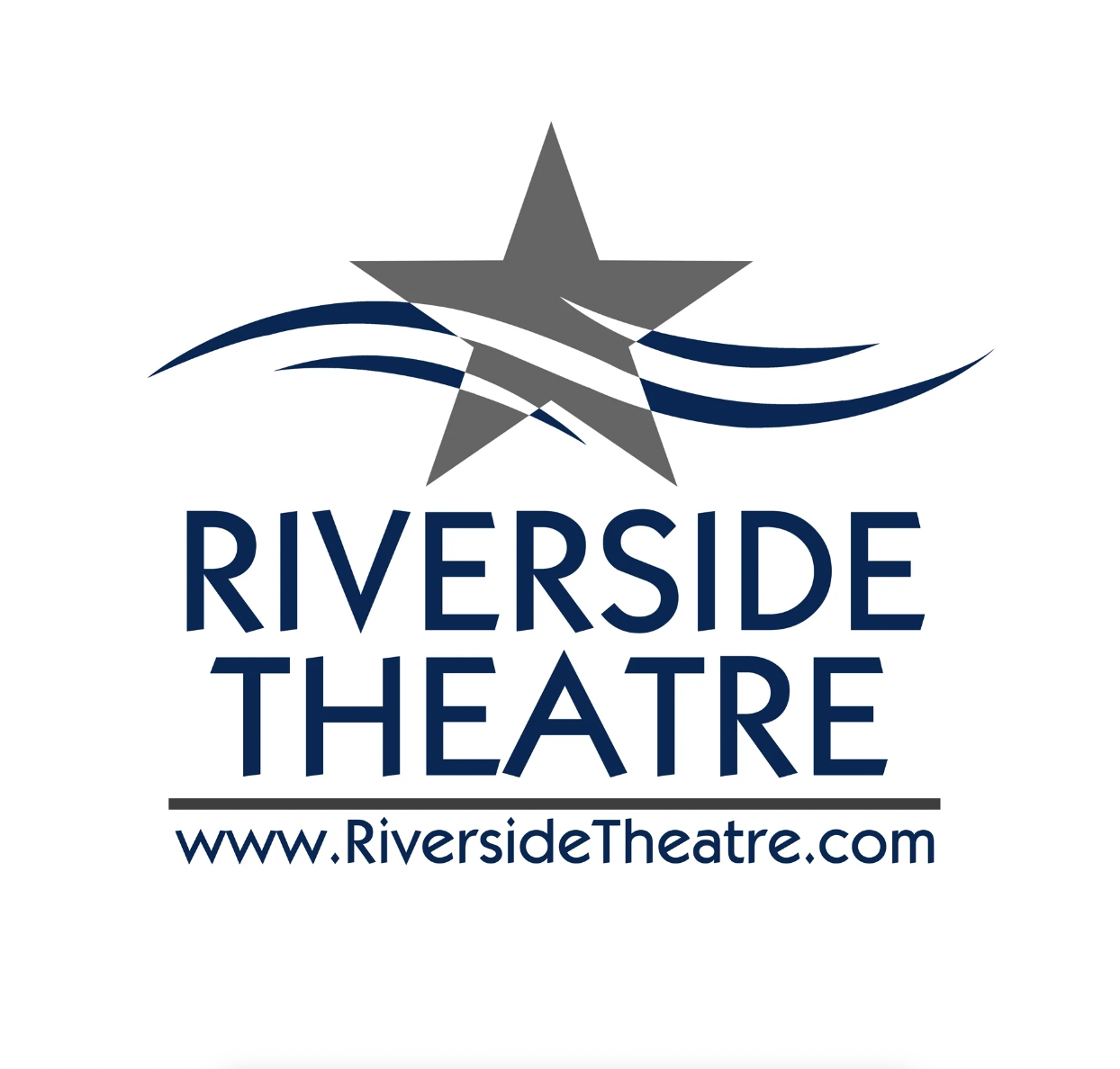 Riverside Theatre logo featuring a gray star, blue wavy lines, and the text Riverside Theatre and their website URL.