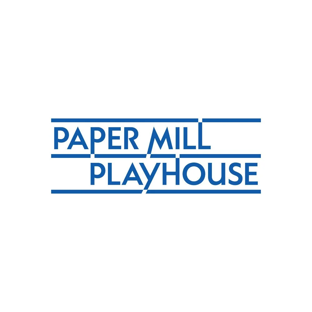 Logo for Paper Mill Playhouse with blue text and lines on a white background.