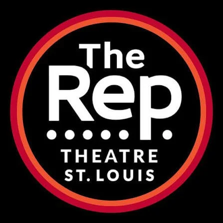 Logo for The Rep Theatre St. Louis with black background and red and orange circular border.