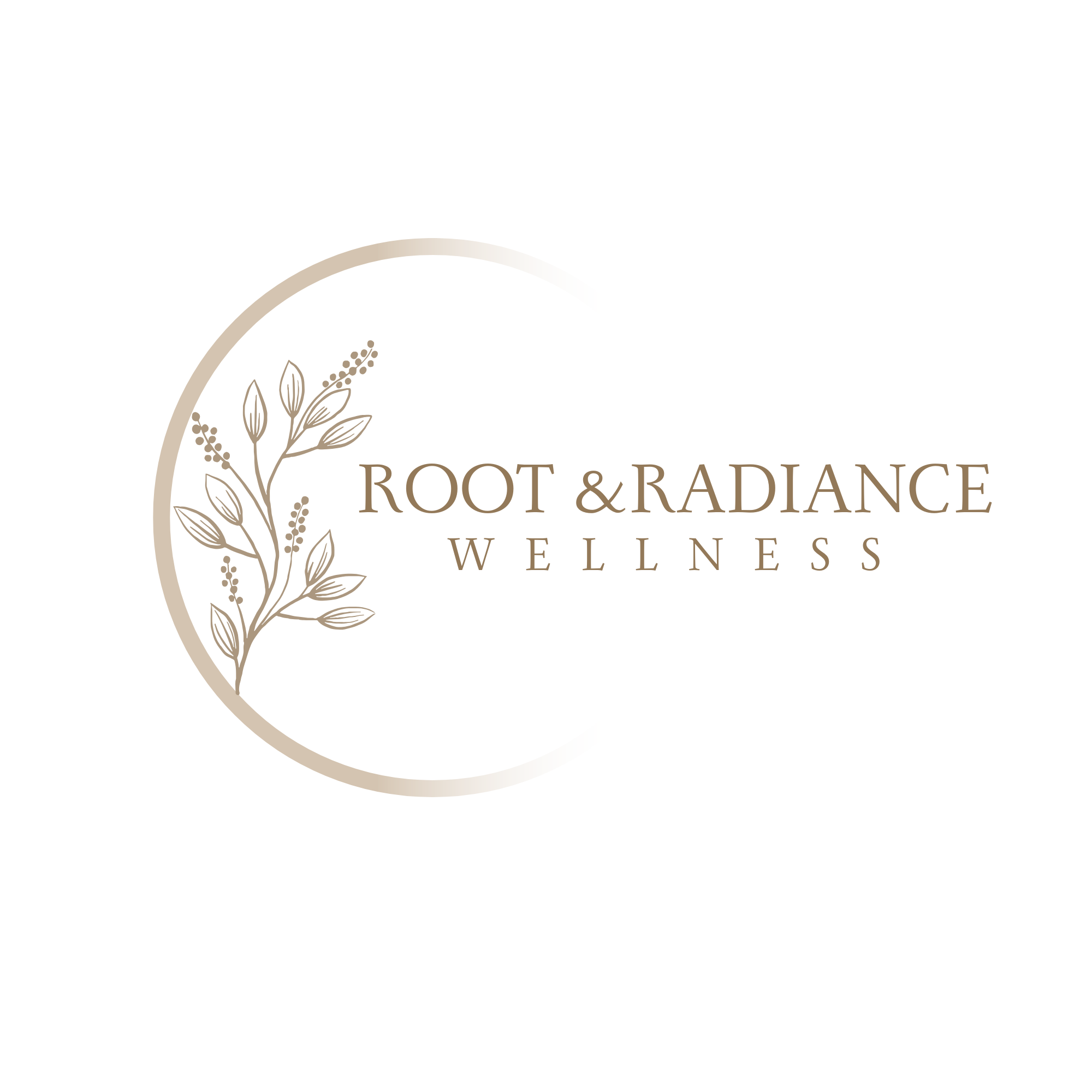 Logo for Root & Radiance Wellness featuring a stylized branch with leaves and berries.