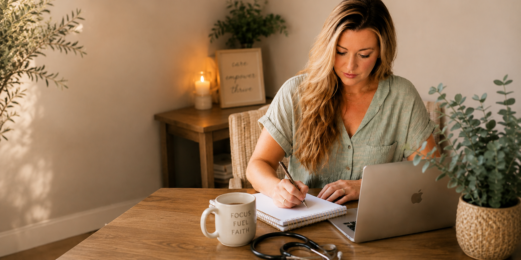 A woman with long, wavy blond hair sitting at a wooden desk, writing in a notebook with a pen, next to a laptop, a cup of coffee, and a stethoscope. The room has a cozy, warm ambiance with candles and plants on a side table.