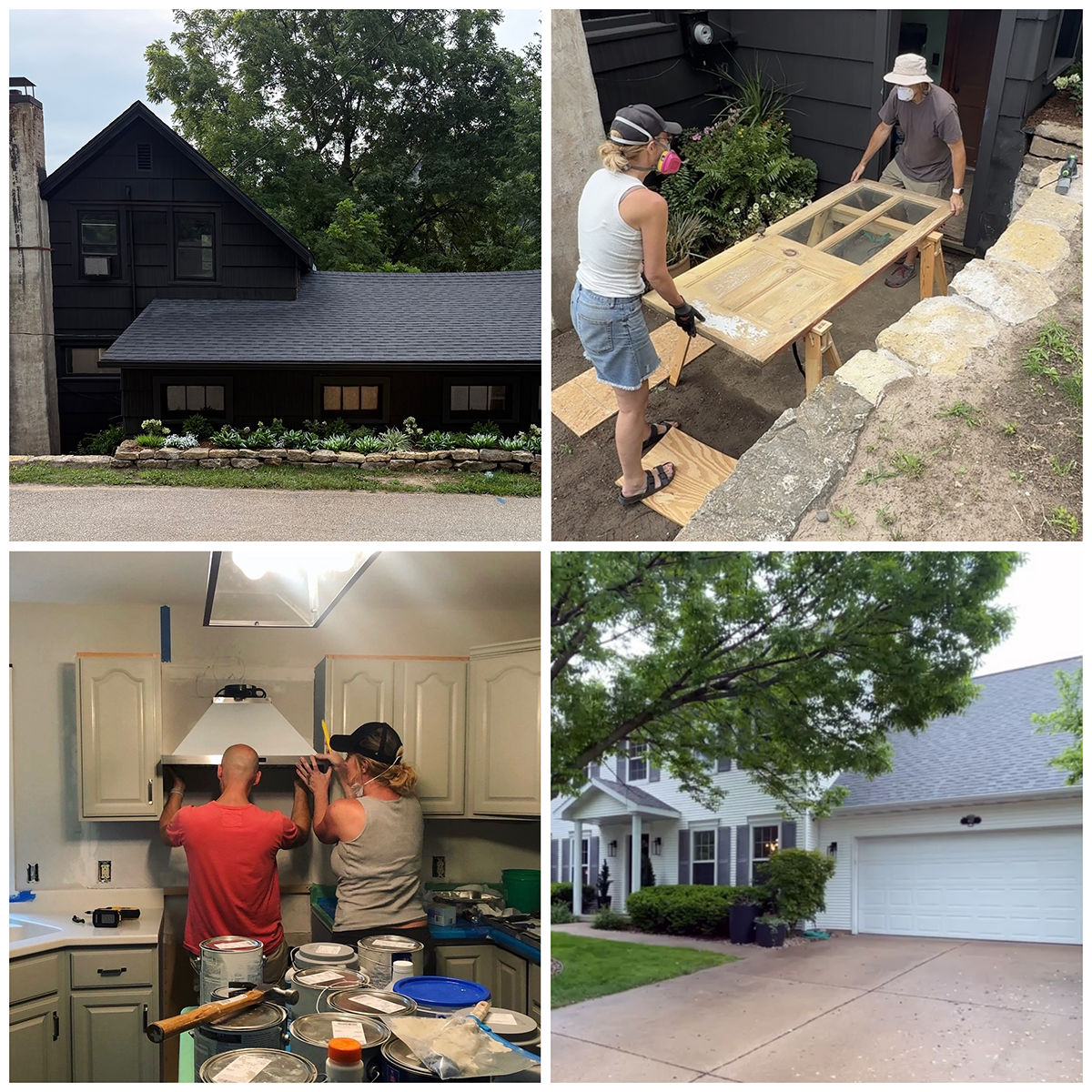 A collage of four images showing various home improvement scenes. The top left image features a black house with a garden and stone border. The top right image shows two people working on a wooden door outdoors. The bottom left image depicts two people installing a kitchen vent or hood inside a kitchen. The bottom right image displays a clean, white house with a driveway and landscaped yard.