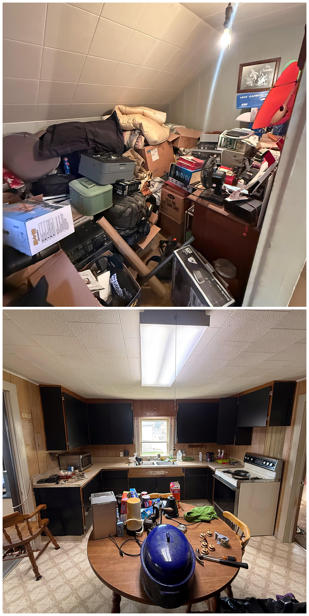 Cluttered rooms full of stuff.