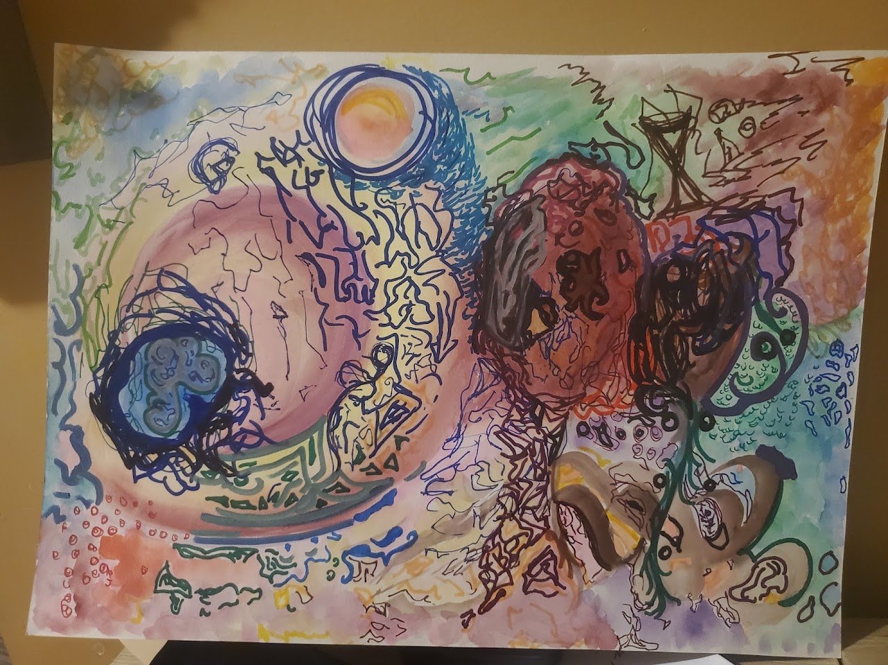 Abstract colorful drawing with swirling lines, shapes, and faces in various colors including blue, red, yellow, green, and purple.