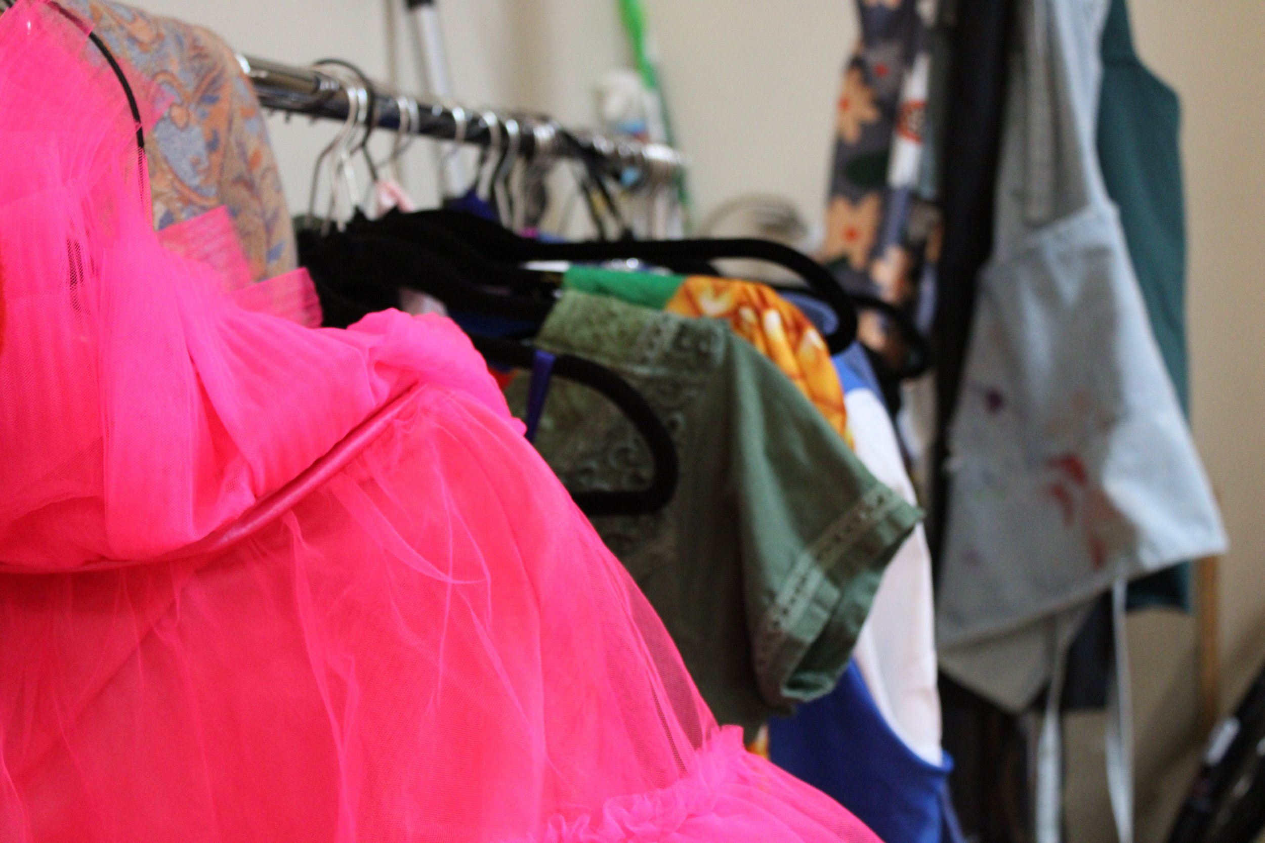 Pink tutu skirt hanging on a clothing rack along with other garments in a closet or dressing room.