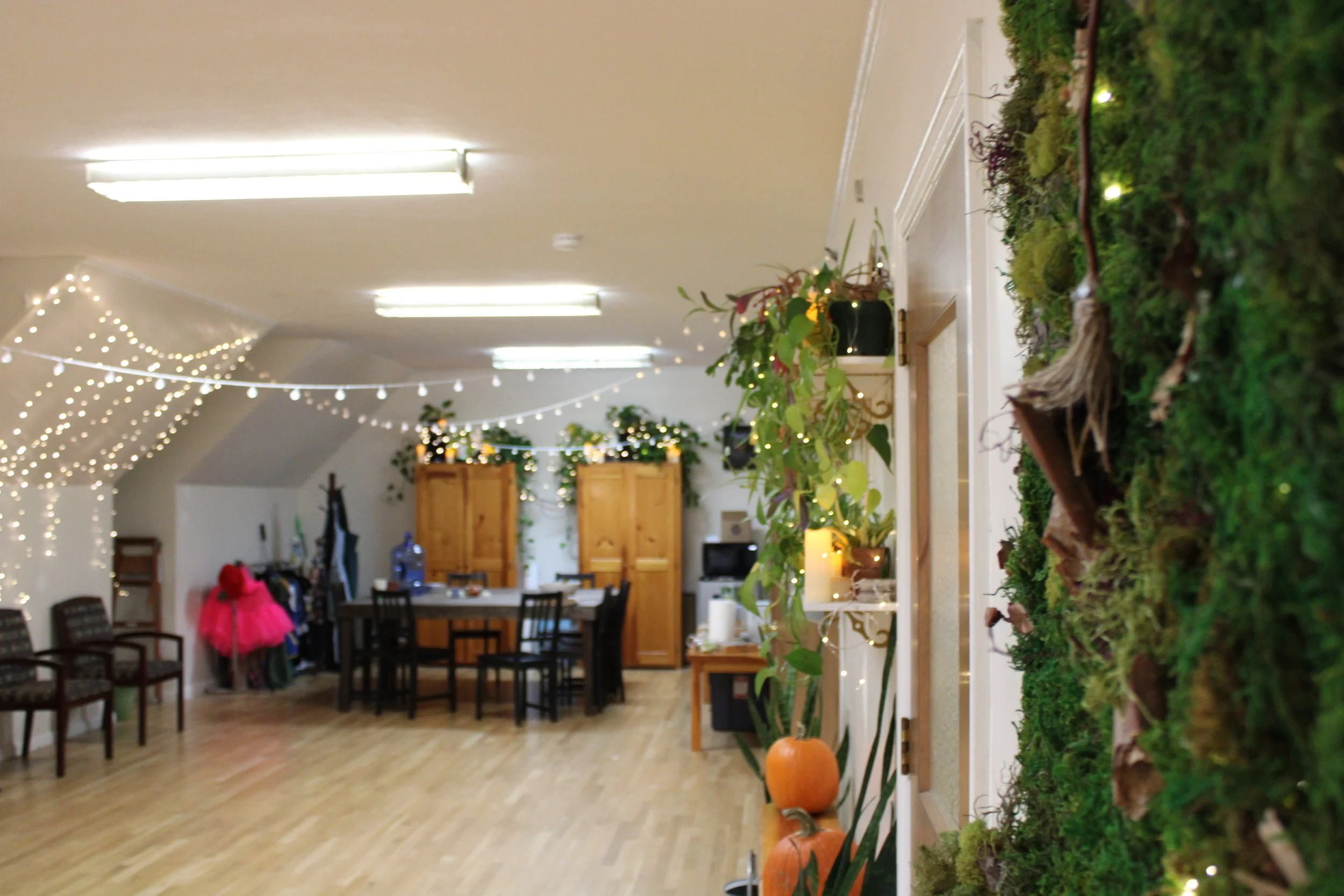Indoor space decorated with string lights, plants, and pumpkins, with a dining table and chairs in the background.