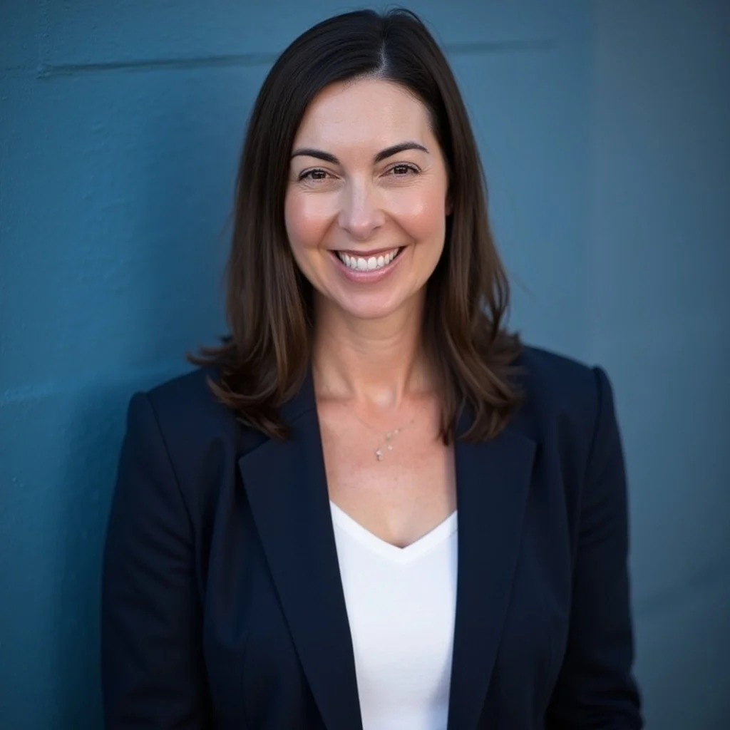 A woman with brown hair smiling, wearing a navy blazer and a white top, standing against a blue background.