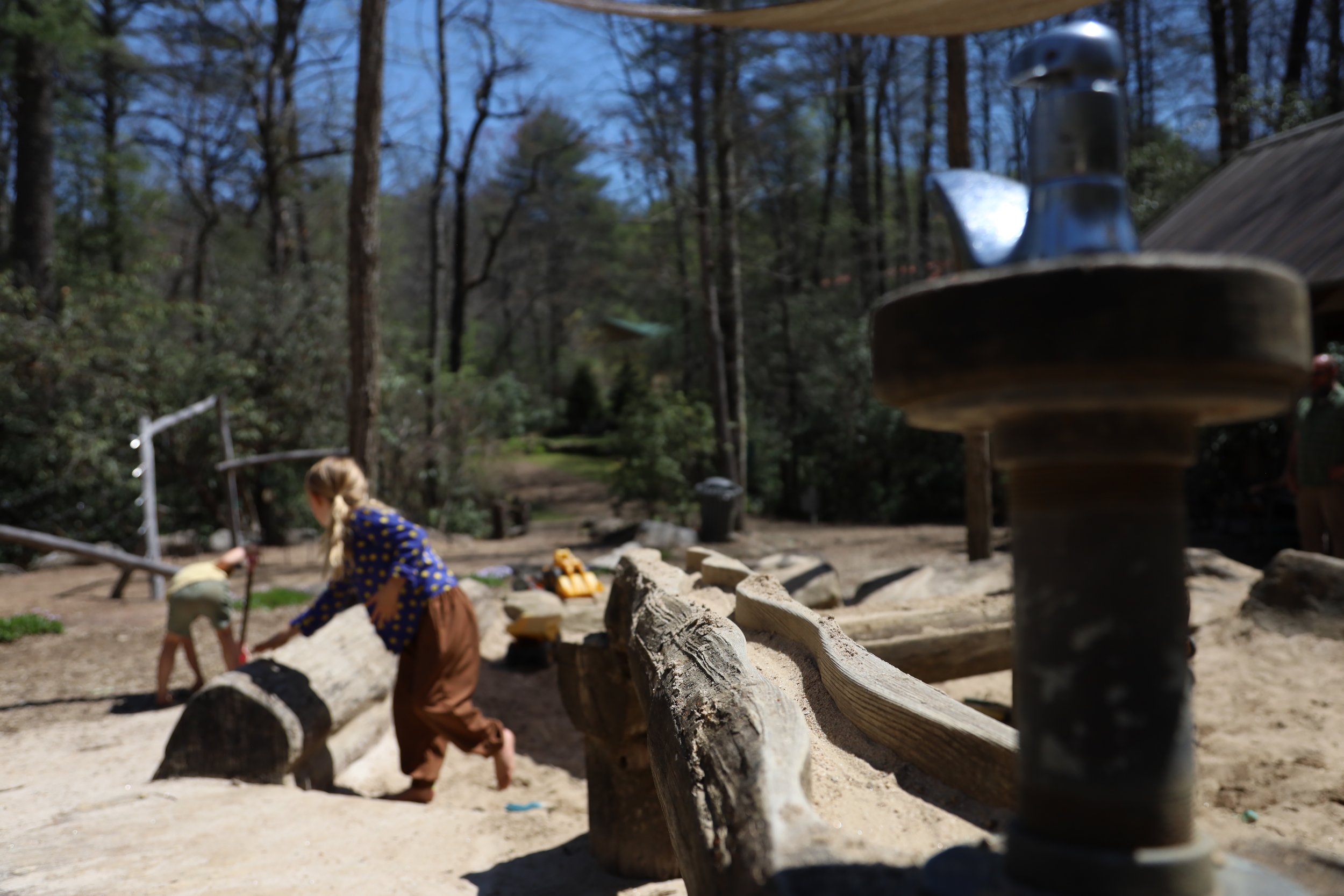 Children playing outdoors around a log fence at a wooded park.