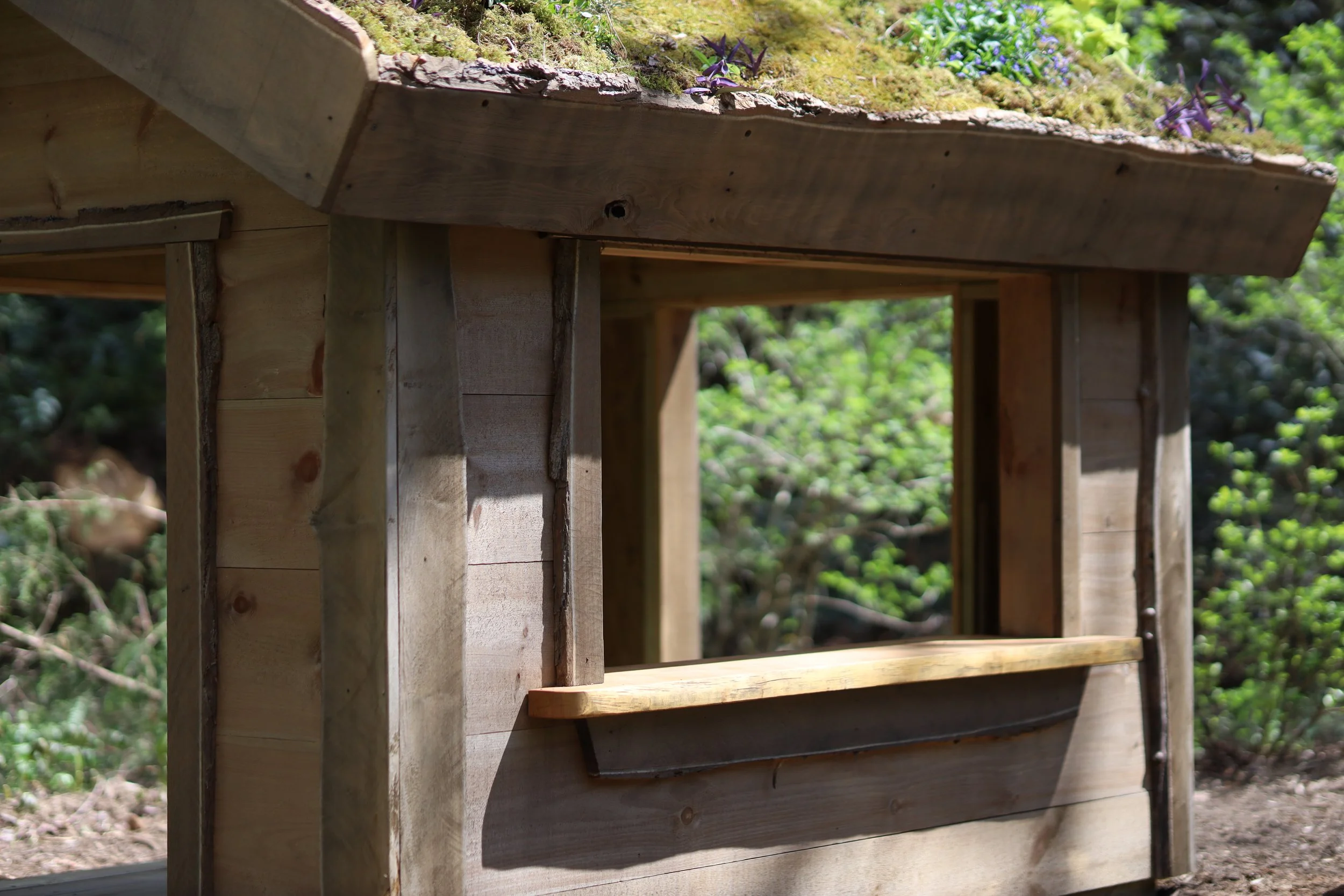 Close-up view of a wooden structure, possibly a planter or garden bed, outdoors with greenery in the background.