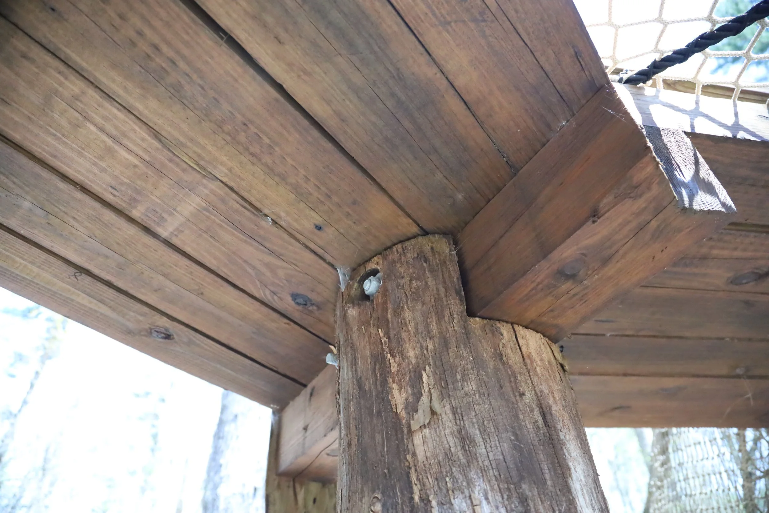 Close-up of a wooden structure, showing brown wooden planks secured with screws, part of a larger construction, possibly a fence or roof, with a net or mesh visible in the background.