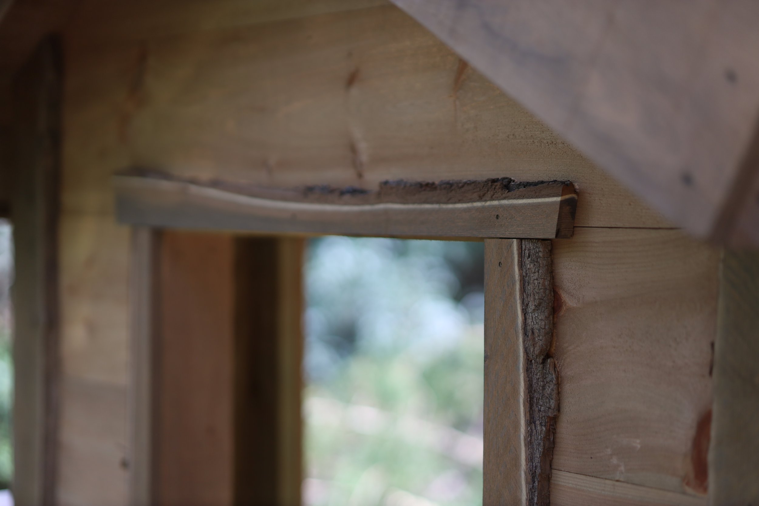 Close-up of a wooden structure under construction, showing the edge of a wooden board attached to other wooden components.