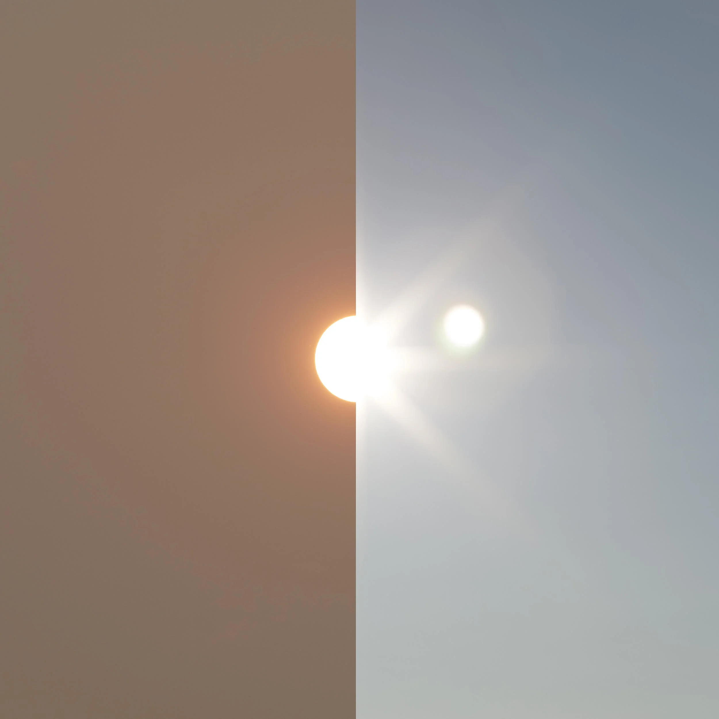 A split image showing a sunset on the left side with warm orange and brown tones, and a clear blue sky with the sun on the right side.