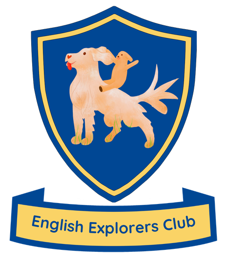 The official logo and crest of the English Explorers Club featuring a playful golden retriever design on a blue shield.