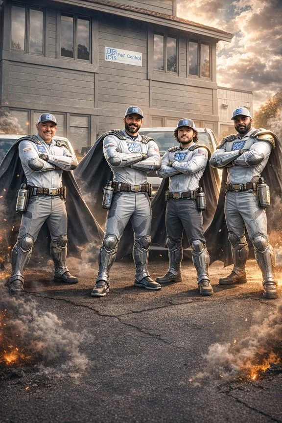 Four men dressed as superheroes in silver and blue uniforms with capes and utility belts, standing confidently with arms crossed in front of a vehicle and a building with a sign that reads 'BUG LOTS Pest Control'.