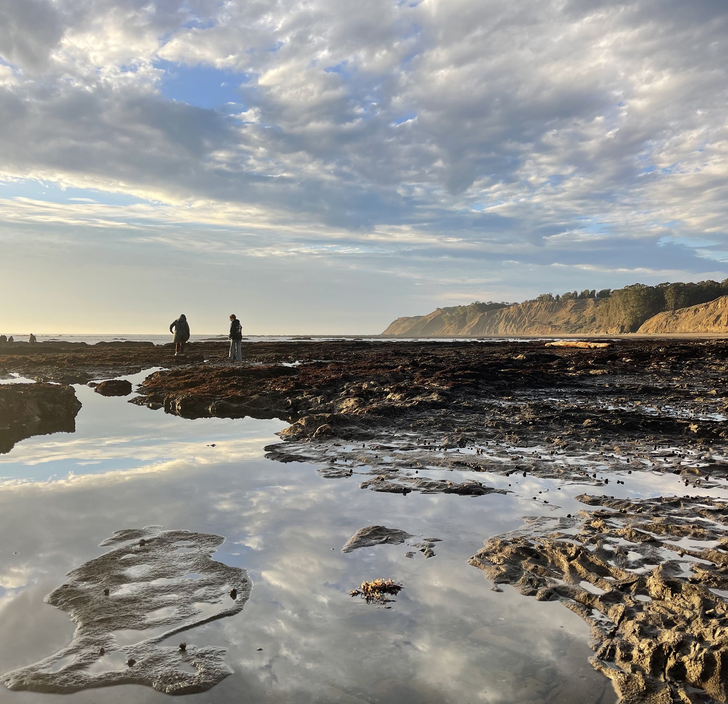 People walking along a rocky beach with water reflections, cliffs in the background, and a cloudy sky overhead.