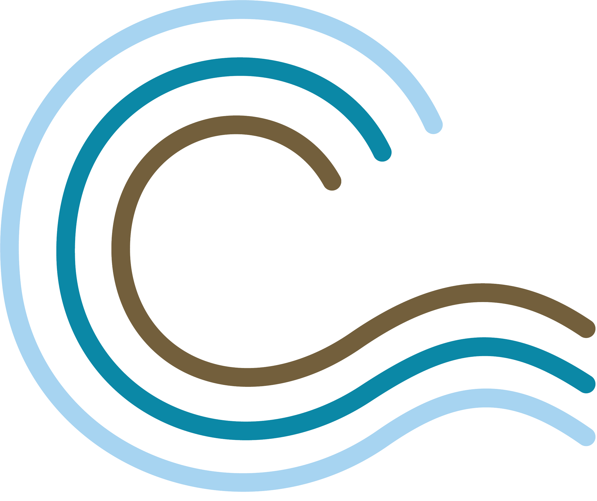 Abstract design with concentric arcs in light blue, blue, and brown on a black background.