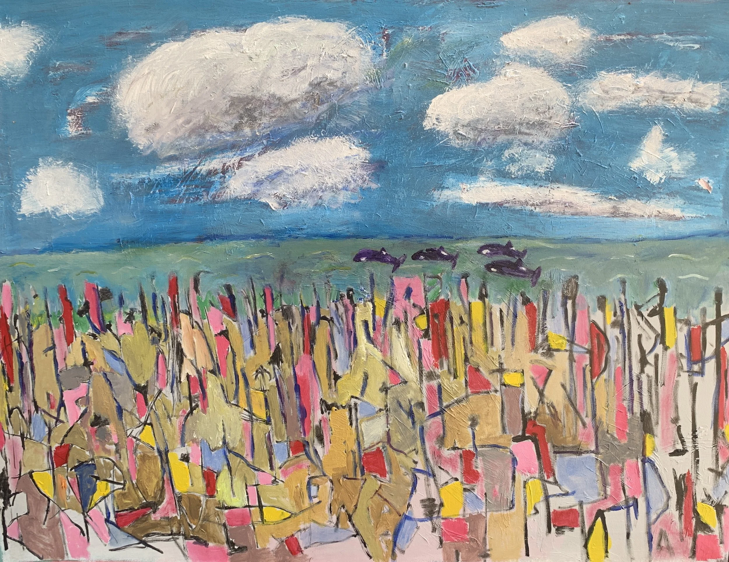 Abstract painting of a blue sky filled with white clouds and a field with multicolored sticks or flowers.