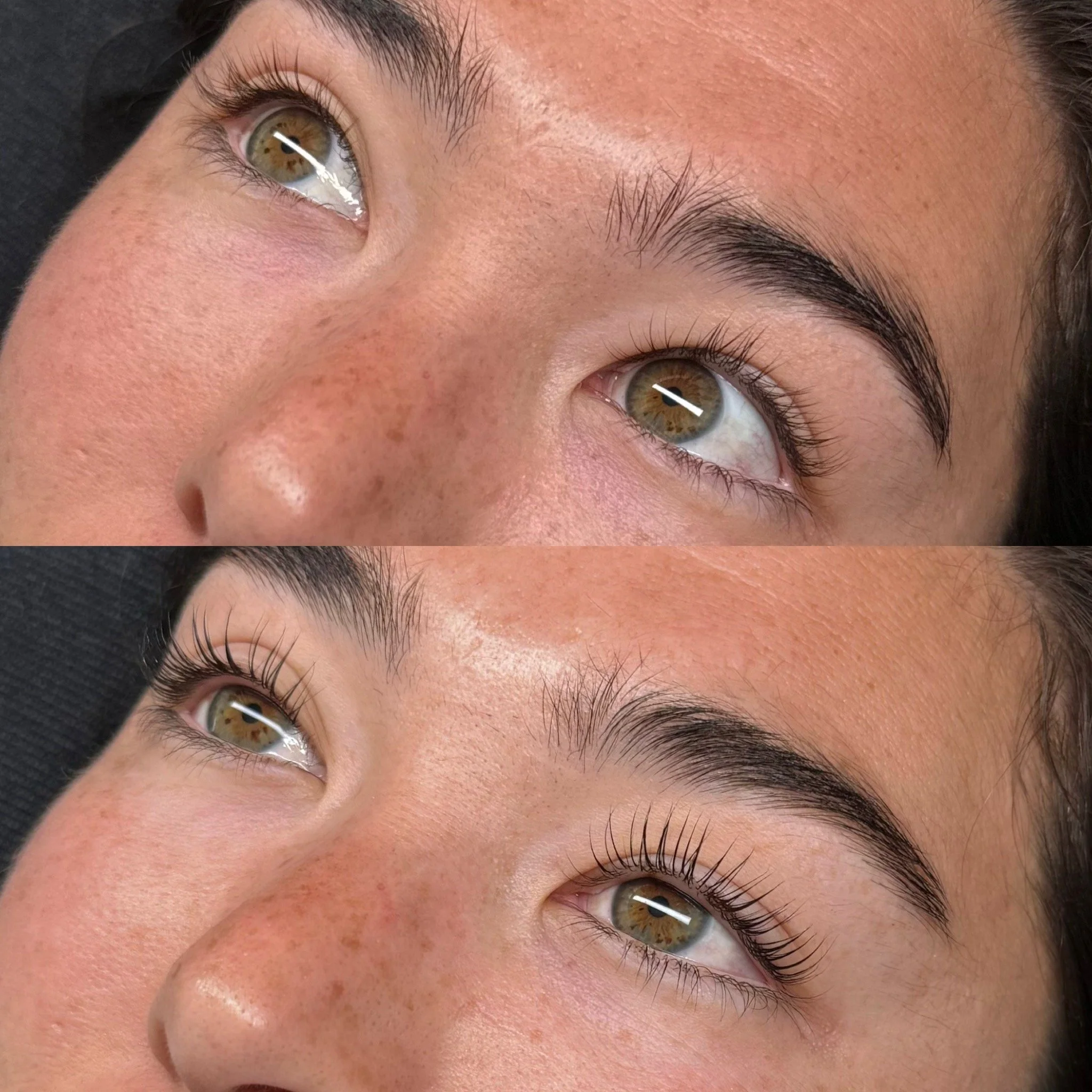 Close-up of a person's face focusing on hazel eyes, well-groomed eyebrows, skin texture, and a hint of dark hair and lash lift performed in santa cruz, captiola and aptos california.