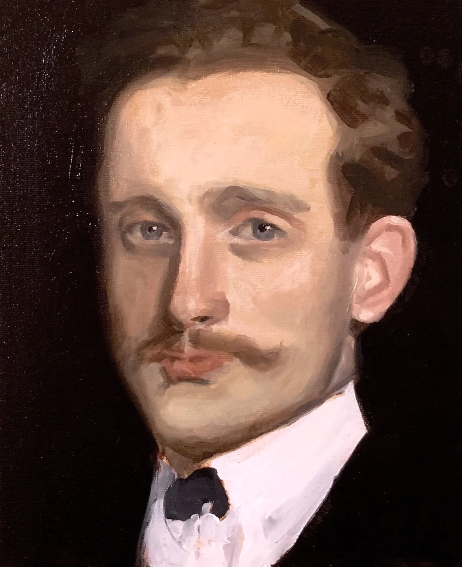 A portrait painting of a man with wavy brown hair, light eye color, and a mustache, wearing a white shirt and a dark jacket, on a black background.