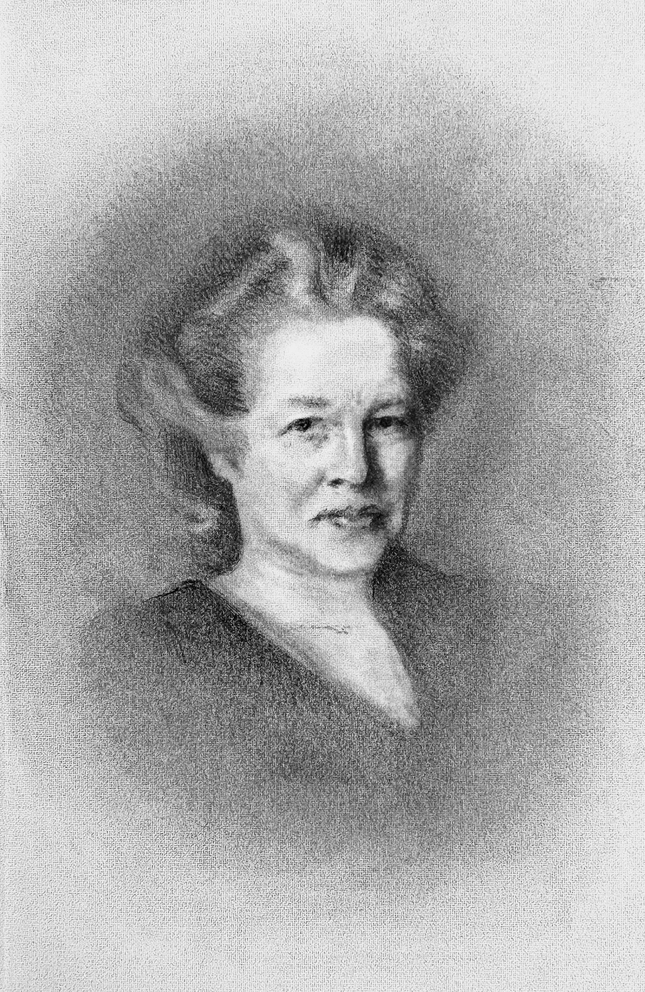 Black and white drawing of a woman with curly hair, wearing a dark top, with a serious expression.