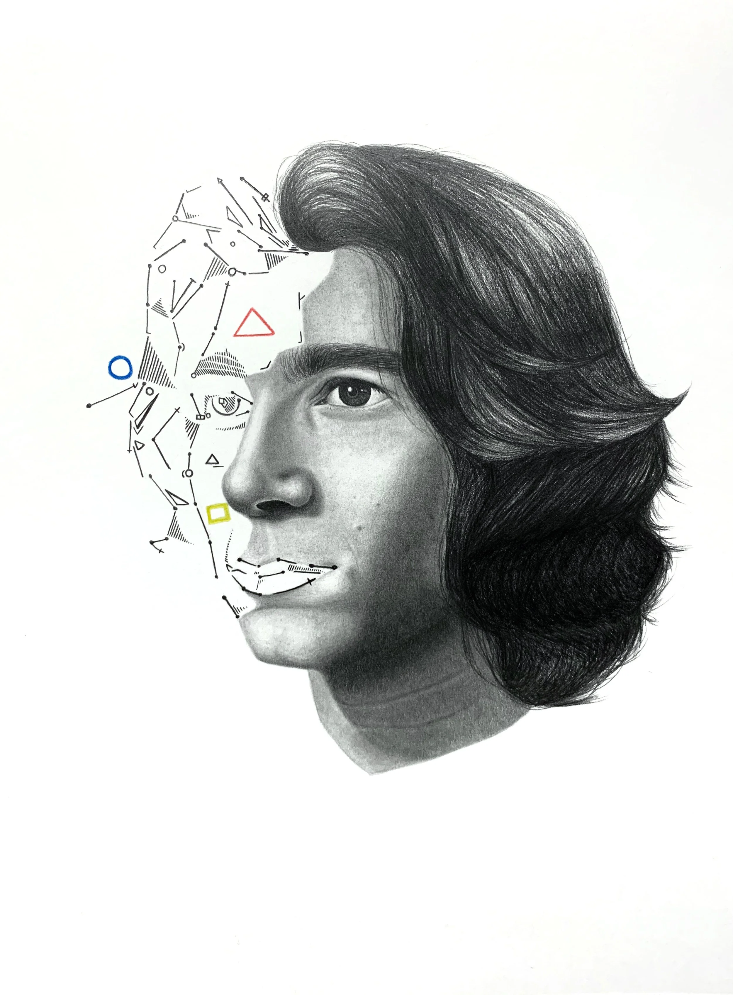 Black and white sketch of a woman's face with long, wavy hair, with a geometric line art design partially overlaying her face on the left side.