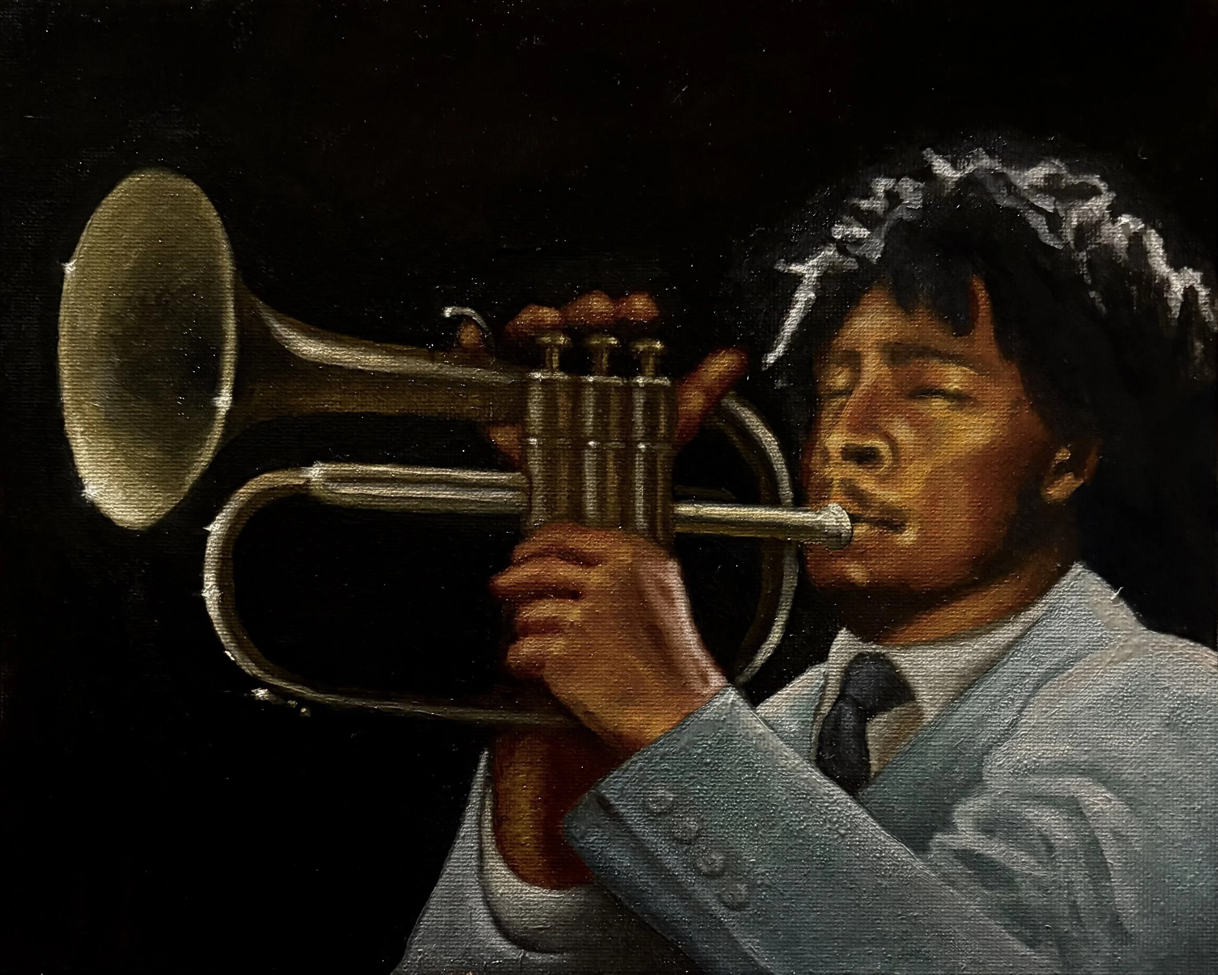 Painting of a woman with dark curly hair playing a golden trumpet.