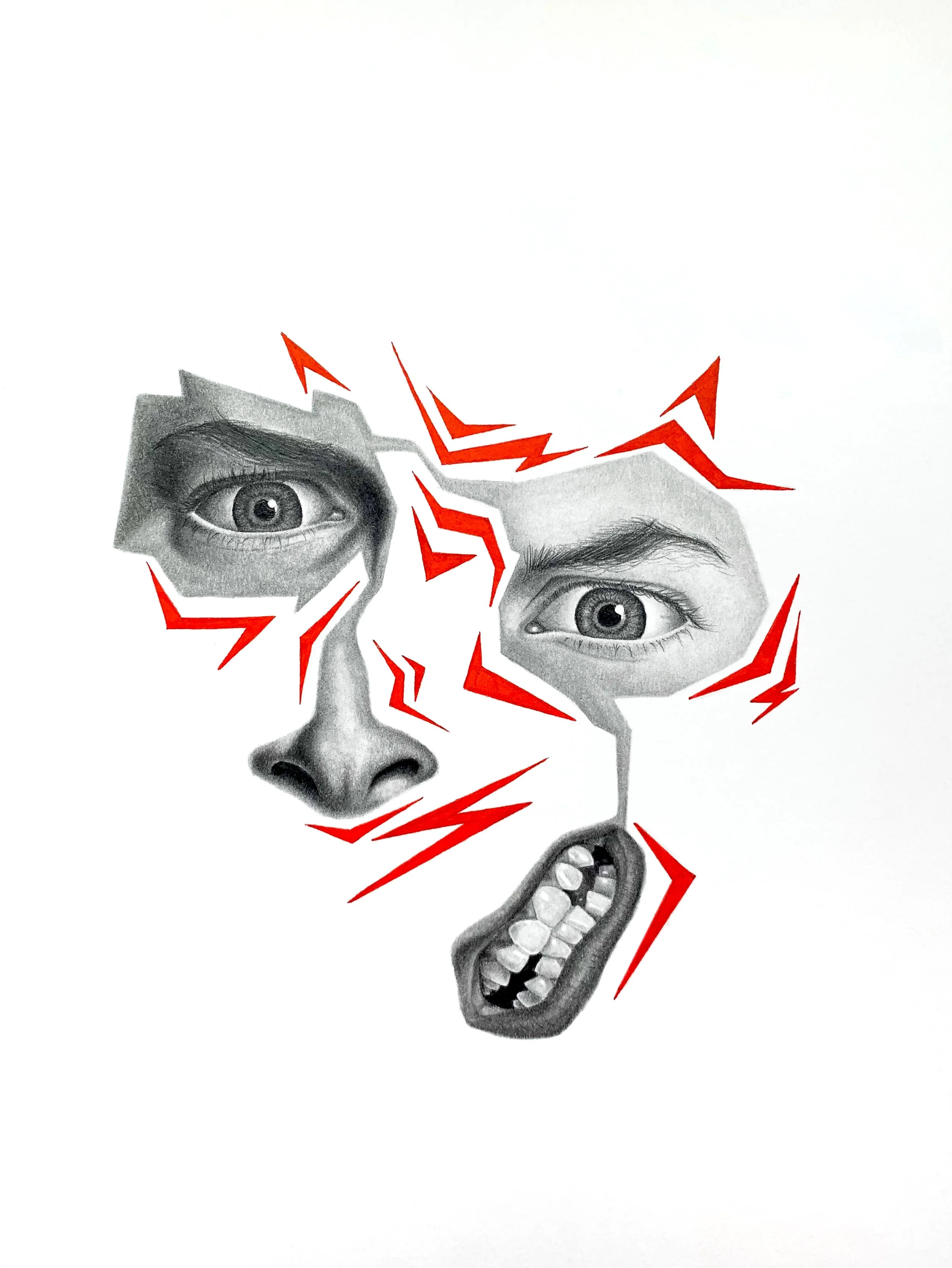 A drawing of a face with realistic eyes and nose, surrounded by jagged red lines, with the mouth wide open showing teeth, and an elongated tongue or part of throat visible at the bottom.