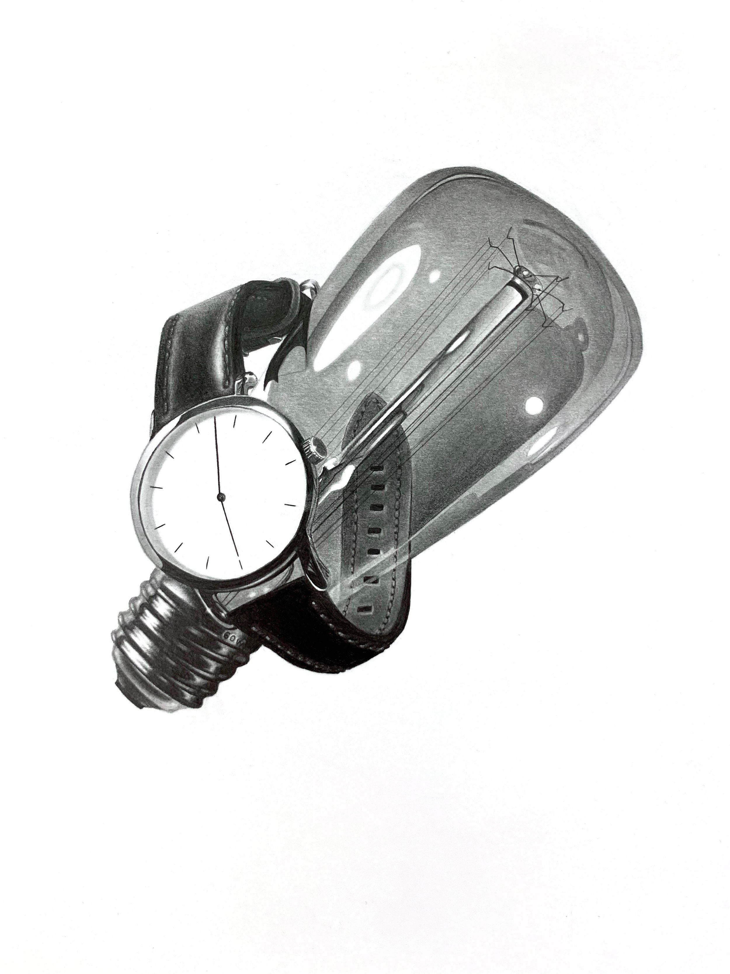 A black wristwatch with a white face and black hour, minute, and second hands. The watch is attached to a flexible, metallic link bracelet. The background is plain white.
