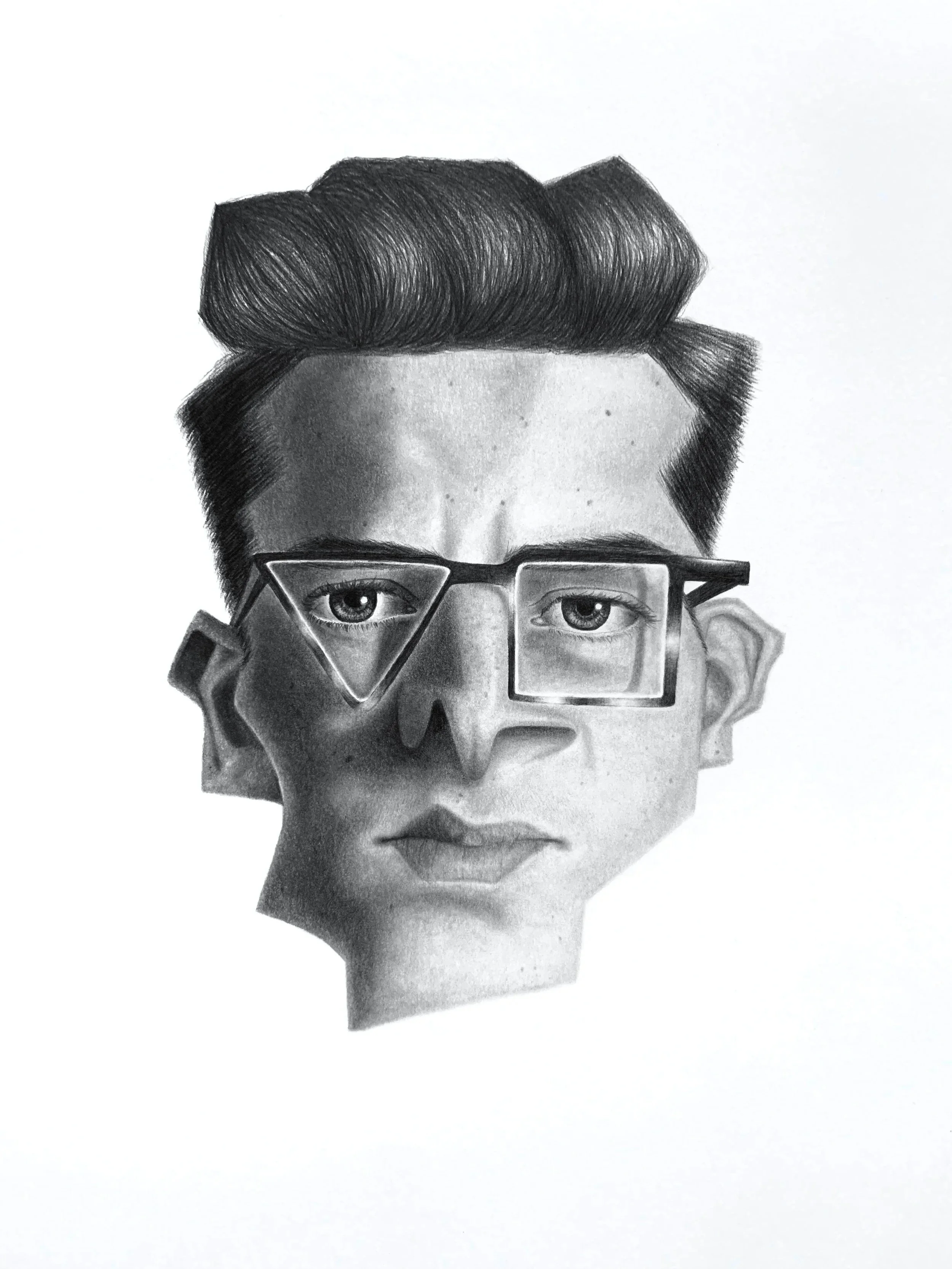 Black and white pencil drawing of a woman's face with large geometric glasses and styled hair.