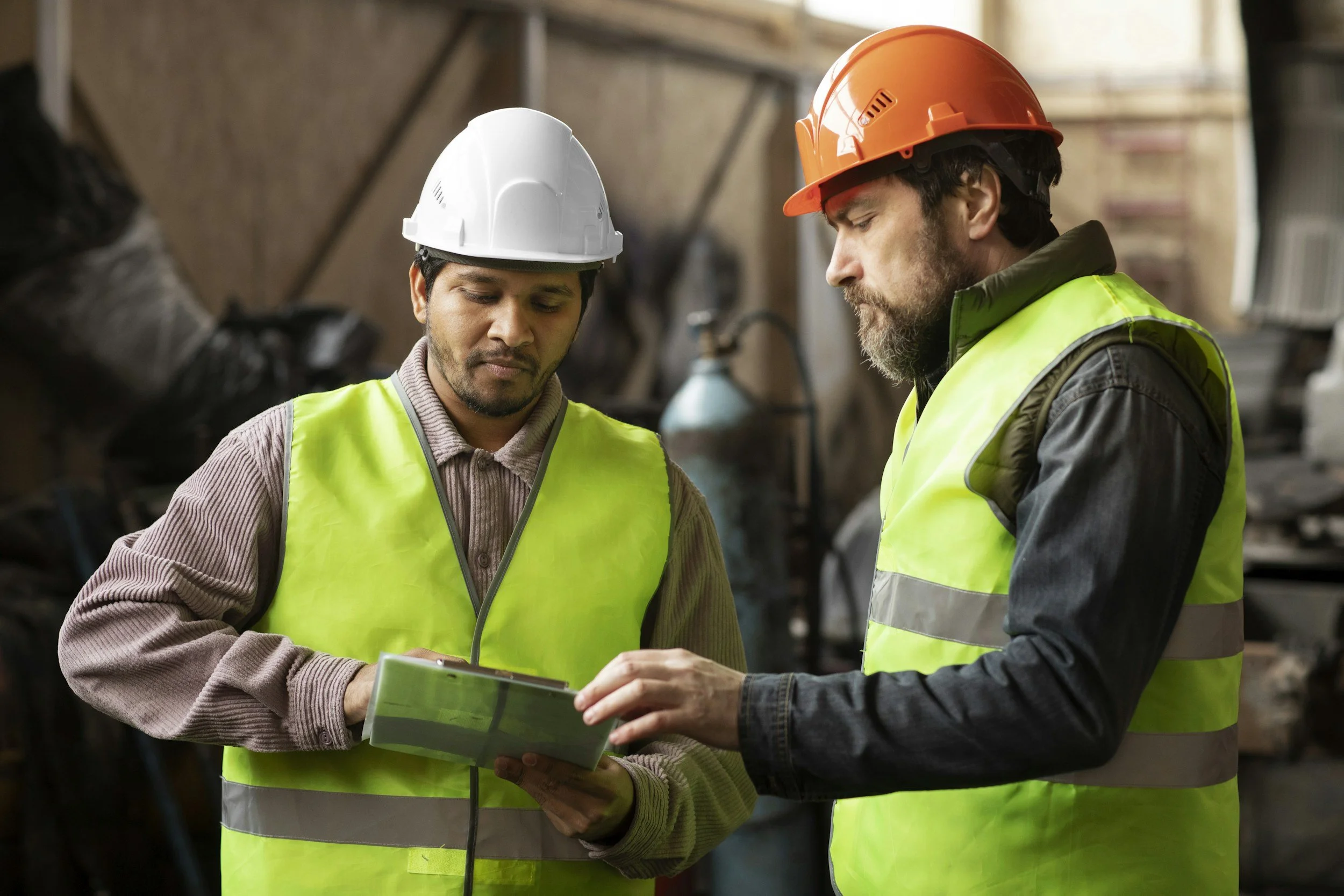 Two construction workers wearing safety helmets and high-visibility vests examining documents in a workshop or warehouse.
