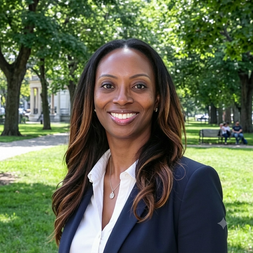 A smiling woman with long wavy hair, wearing a white blouse and navy blazer, standing outdoors in a park with green trees and grass in the background.