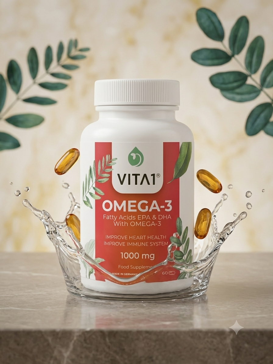 Bottle of VITA1 Omega-3 dietary supplement with capsules splashing in water, plant illustrations on label, placed on a marble surface.