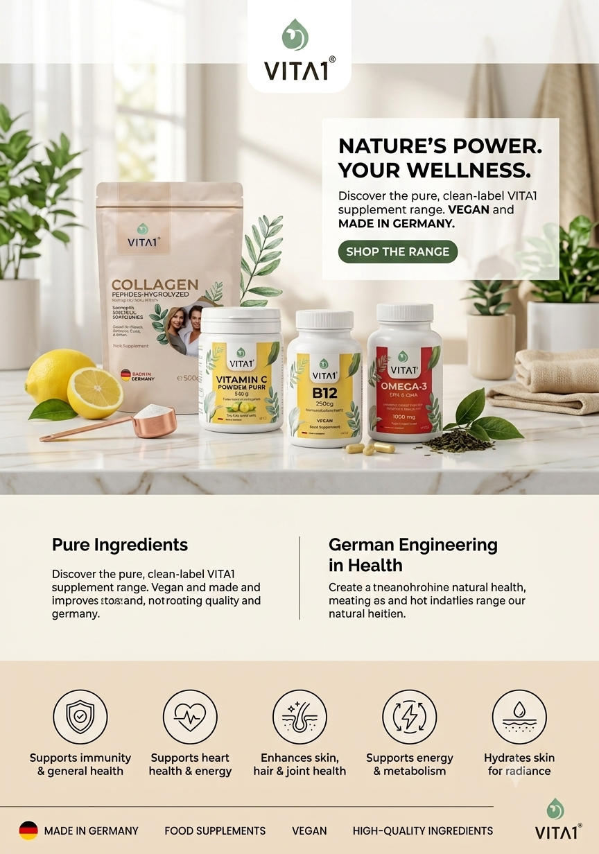 Display of VITA1 dietary supplements including collagen powder, vitamin C, vitamin B12, and omega-3 capsules on a light countertop, with lemon, tea leaves, and potted plants in the background.